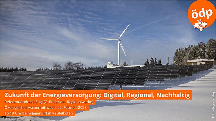Bild mit Windrad, Solarpanels und dem Titel und Ort der Veranstaltung